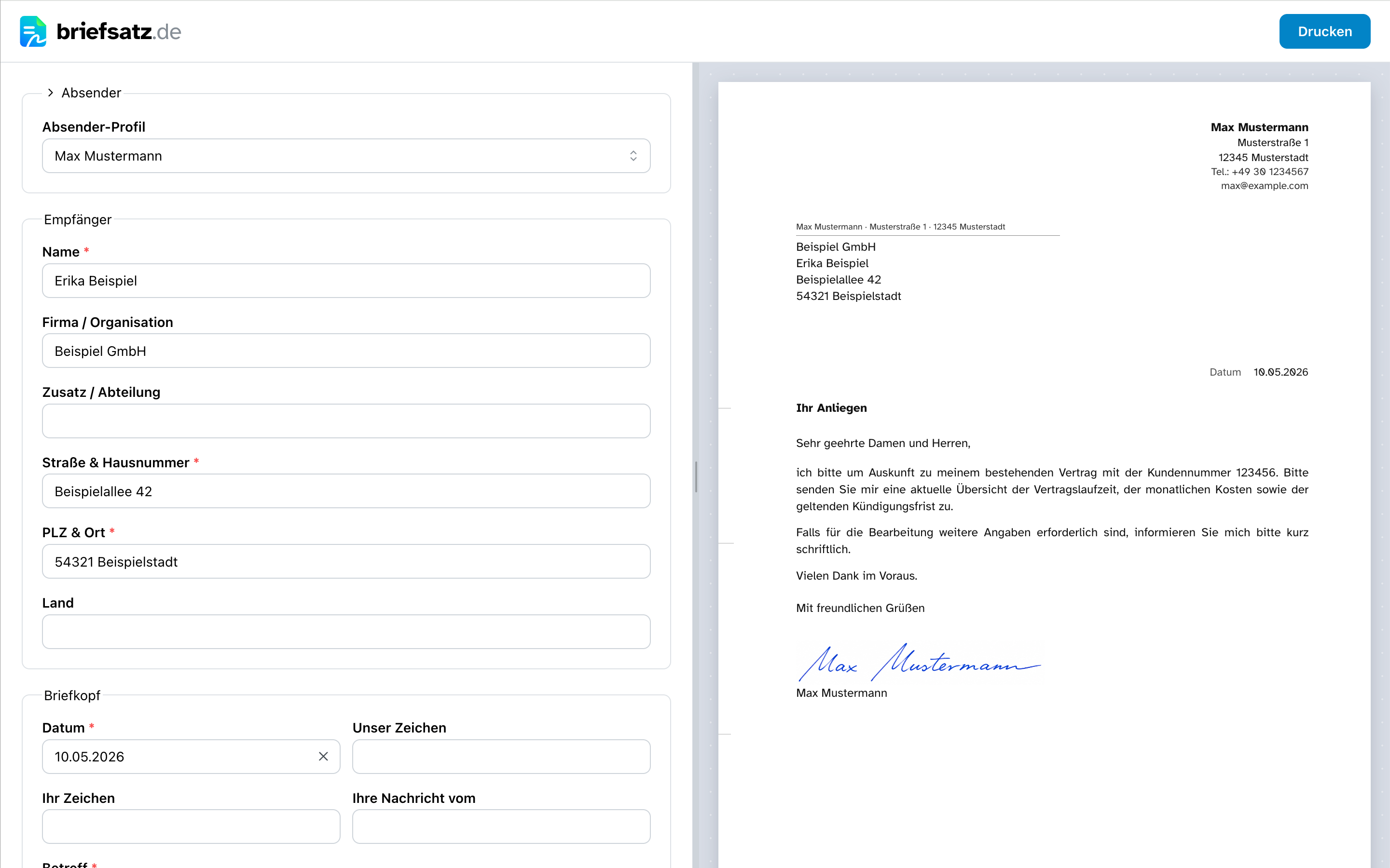 briefsatz.de in Aktion: links Eingabefelder für Absender und Empfänger, rechts die Live-Vorschau des fertigen Briefs.
